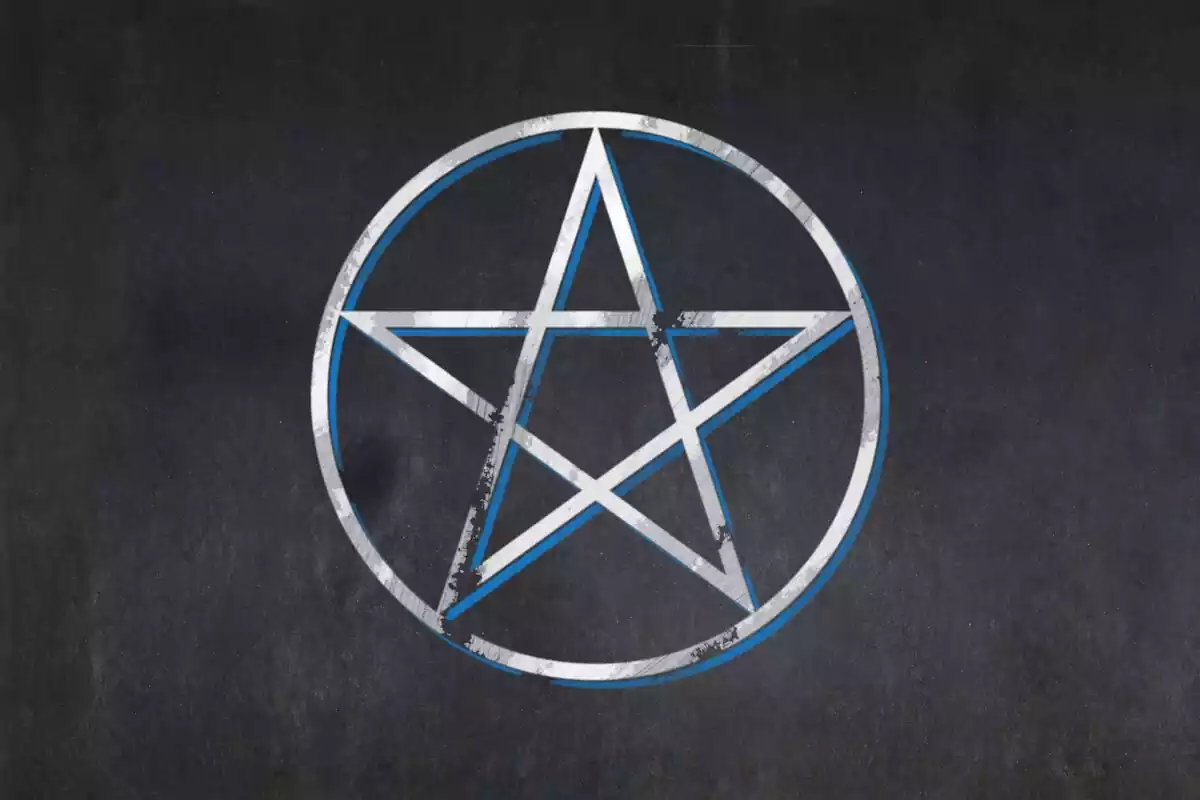 A blue and white pentacle with a black background
